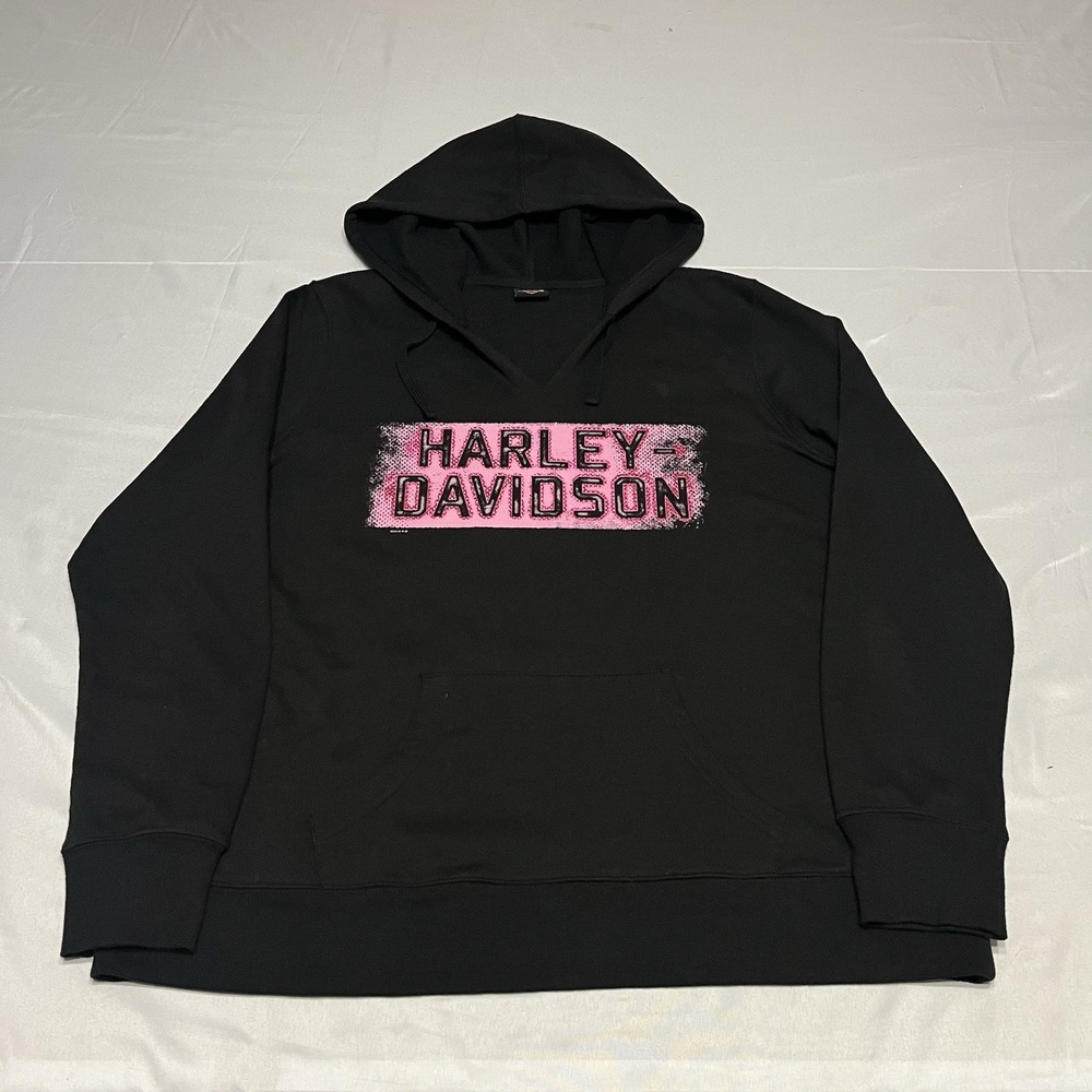 Harley-Davidson Hoodie Women's XL Black Pink Sweatshirt V-neck Double Sided Logo
